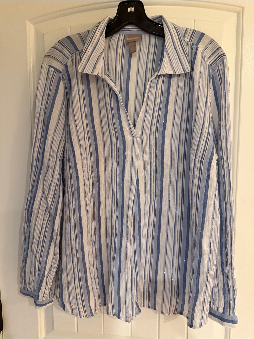 Chicos Blue and White Striped V-Neck Gauzy Cotton Tunic